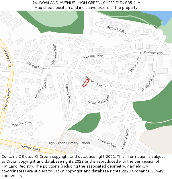 74, DOWLAND AVENUE, HIGH GREEN, SHEFFIELD, S35 4LA: Location map and indicative extent of plot