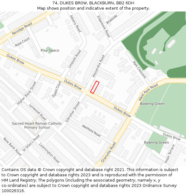 74, DUKES BROW, BLACKBURN, BB2 6DH: Location map and indicative extent of plot