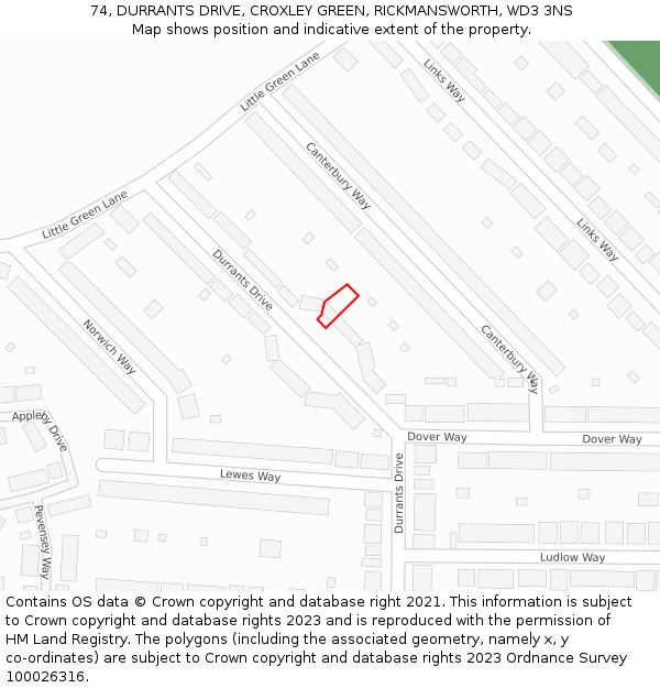 74, DURRANTS DRIVE, CROXLEY GREEN, RICKMANSWORTH, WD3 3NS: Location map and indicative extent of plot