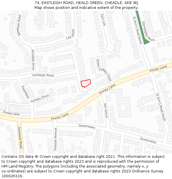 74, EASTLEIGH ROAD, HEALD GREEN, CHEADLE, SK8 3EJ: Location map and indicative extent of plot