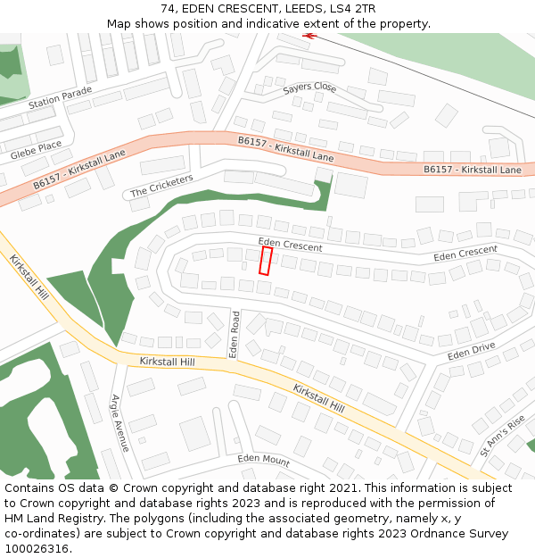 74, EDEN CRESCENT, LEEDS, LS4 2TR: Location map and indicative extent of plot