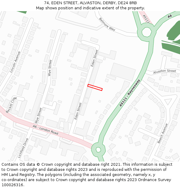 74, EDEN STREET, ALVASTON, DERBY, DE24 8RB: Location map and indicative extent of plot