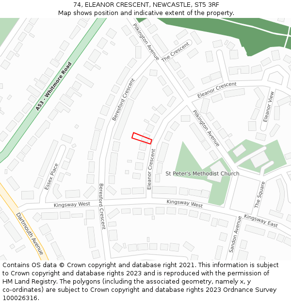 74, ELEANOR CRESCENT, NEWCASTLE, ST5 3RF: Location map and indicative extent of plot