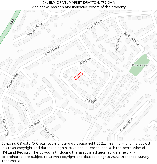 74, ELM DRIVE, MARKET DRAYTON, TF9 3HA: Location map and indicative extent of plot