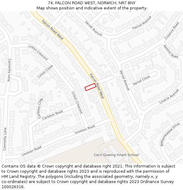 74, FALCON ROAD WEST, NORWICH, NR7 8NY: Location map and indicative extent of plot