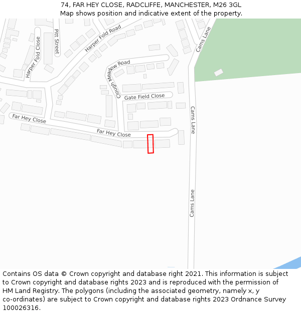 74, FAR HEY CLOSE, RADCLIFFE, MANCHESTER, M26 3GL: Location map and indicative extent of plot