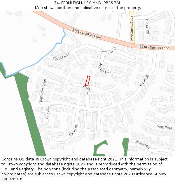 74, FERNLEIGH, LEYLAND, PR26 7AL: Location map and indicative extent of plot