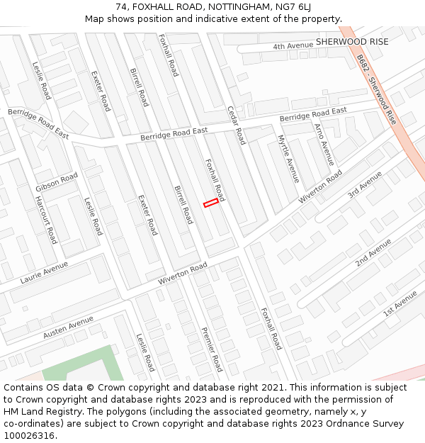 74, FOXHALL ROAD, NOTTINGHAM, NG7 6LJ: Location map and indicative extent of plot