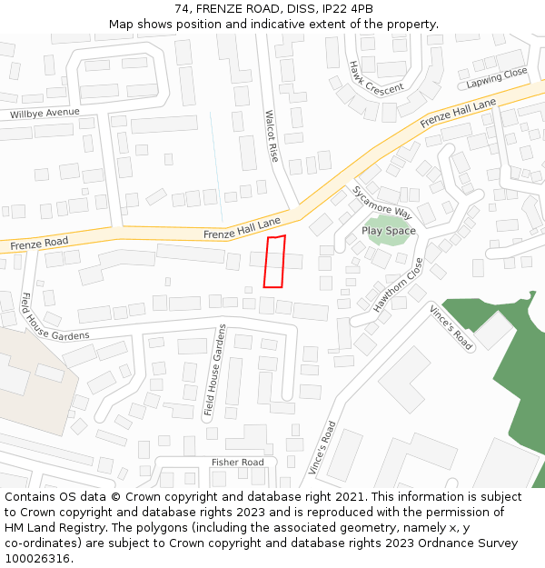 74, FRENZE ROAD, DISS, IP22 4PB: Location map and indicative extent of plot