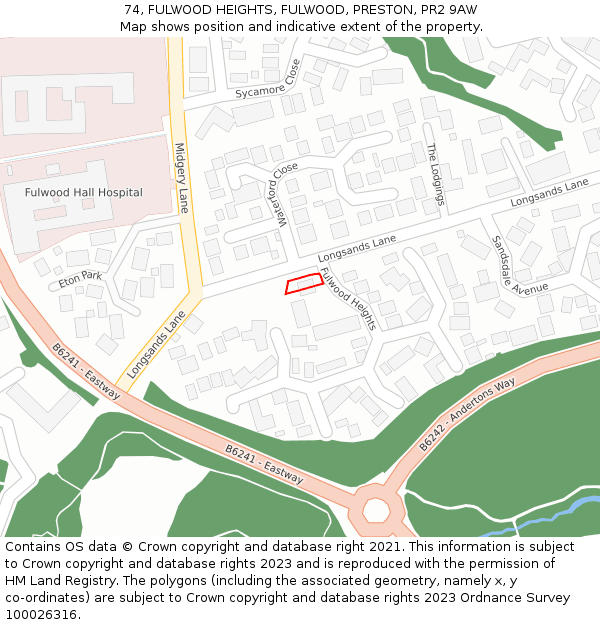 74, FULWOOD HEIGHTS, FULWOOD, PRESTON, PR2 9AW: Location map and indicative extent of plot