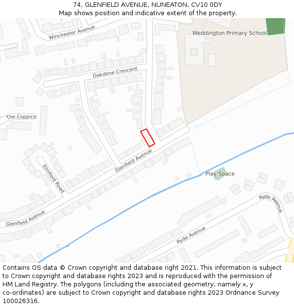 74, GLENFIELD AVENUE, NUNEATON, CV10 0DY: Location map and indicative extent of plot