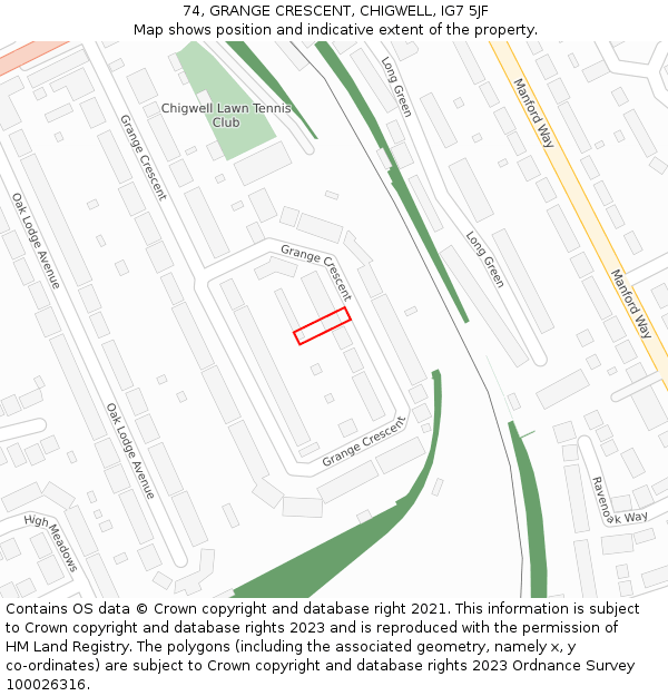 74, GRANGE CRESCENT, CHIGWELL, IG7 5JF: Location map and indicative extent of plot