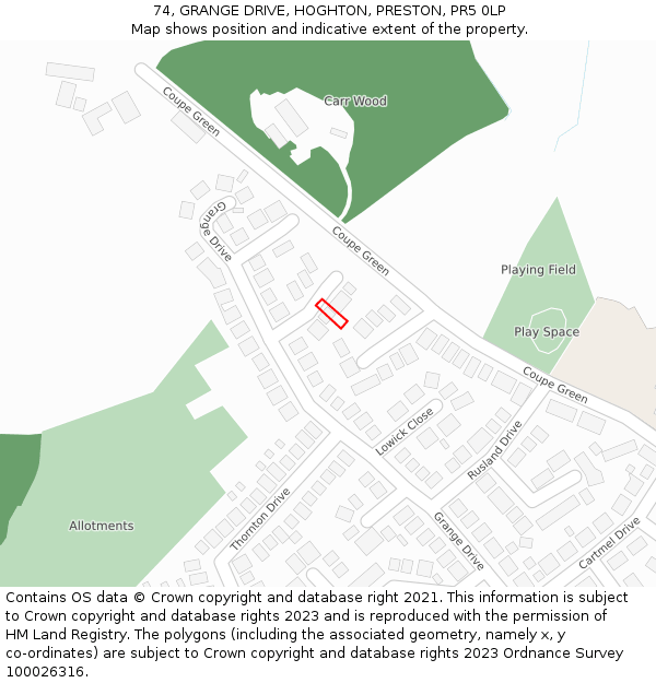 74, GRANGE DRIVE, HOGHTON, PRESTON, PR5 0LP: Location map and indicative extent of plot