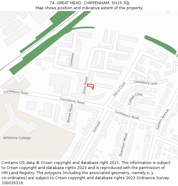 74, GREAT MEAD, CHIPPENHAM, SN15 3QJ: Location map and indicative extent of plot