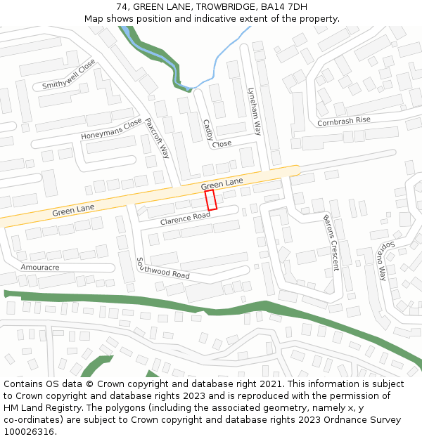 74, GREEN LANE, TROWBRIDGE, BA14 7DH: Location map and indicative extent of plot