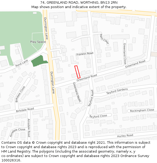 74, GREENLAND ROAD, WORTHING, BN13 2RN: Location map and indicative extent of plot