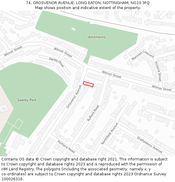 74, GROSVENOR AVENUE, LONG EATON, NOTTINGHAM, NG10 3FQ: Location map and indicative extent of plot