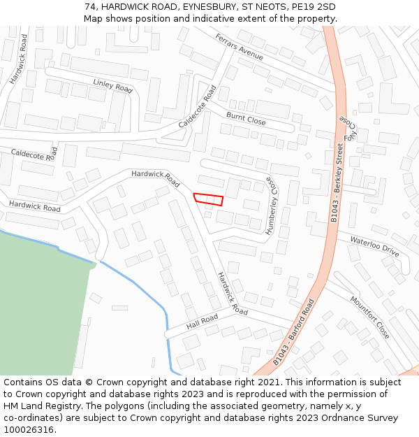 74, HARDWICK ROAD, EYNESBURY, ST NEOTS, PE19 2SD: Location map and indicative extent of plot