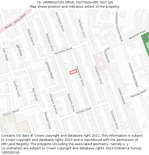 74, HARRINGTON DRIVE, NOTTINGHAM, NG7 1JN: Location map and indicative extent of plot