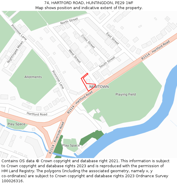 74, HARTFORD ROAD, HUNTINGDON, PE29 1WF: Location map and indicative extent of plot