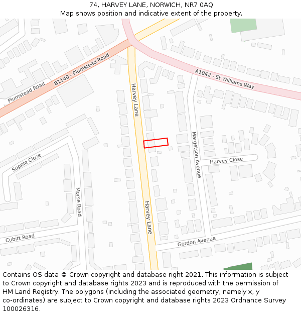 74, HARVEY LANE, NORWICH, NR7 0AQ: Location map and indicative extent of plot