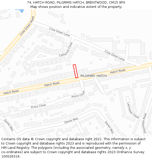 74, HATCH ROAD, PILGRIMS HATCH, BRENTWOOD, CM15 9PX: Location map and indicative extent of plot