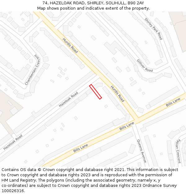 74, HAZELOAK ROAD, SHIRLEY, SOLIHULL, B90 2AY: Location map and indicative extent of plot