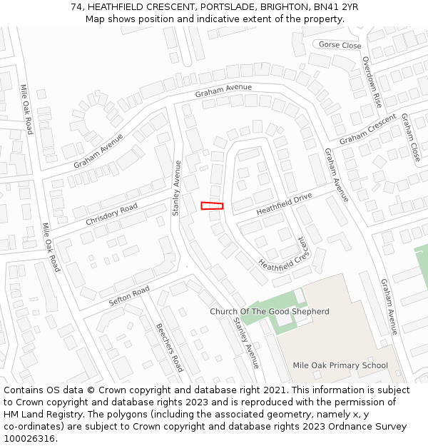 74, HEATHFIELD CRESCENT, PORTSLADE, BRIGHTON, BN41 2YR: Location map and indicative extent of plot