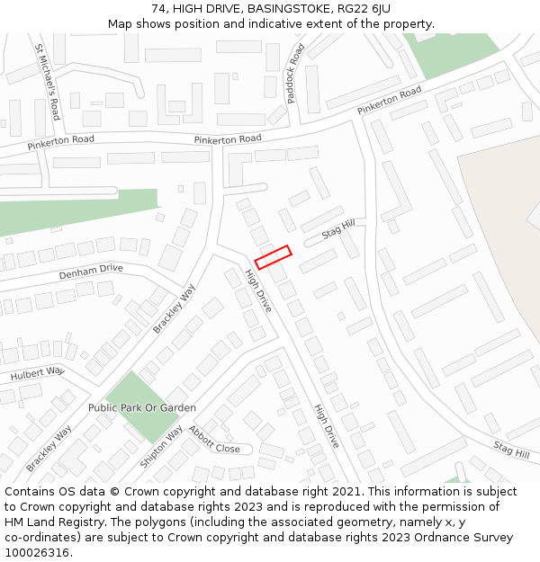 74, HIGH DRIVE, BASINGSTOKE, RG22 6JU: Location map and indicative extent of plot