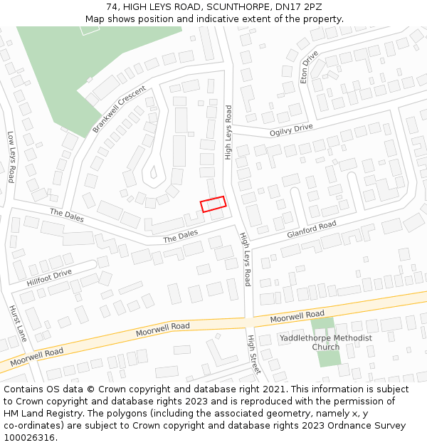 74, HIGH LEYS ROAD, SCUNTHORPE, DN17 2PZ: Location map and indicative extent of plot