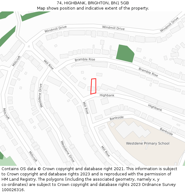 74, HIGHBANK, BRIGHTON, BN1 5GB: Location map and indicative extent of plot