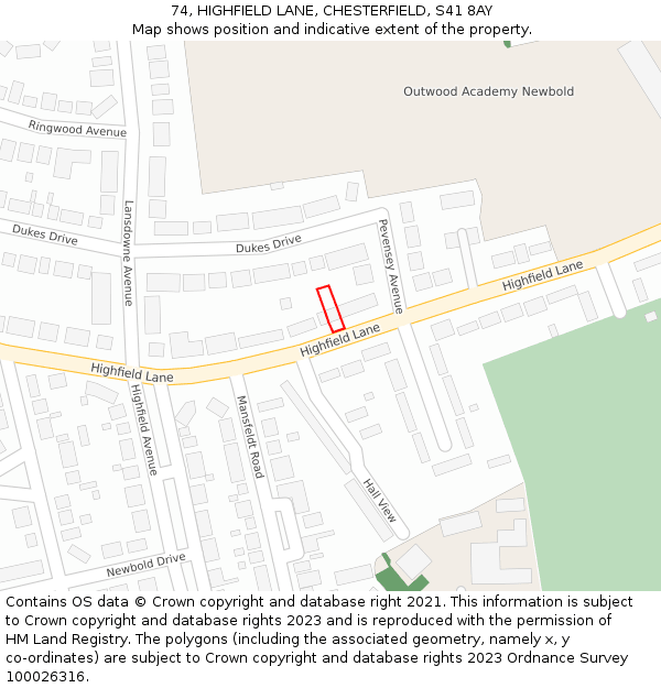 74, HIGHFIELD LANE, CHESTERFIELD, S41 8AY: Location map and indicative extent of plot