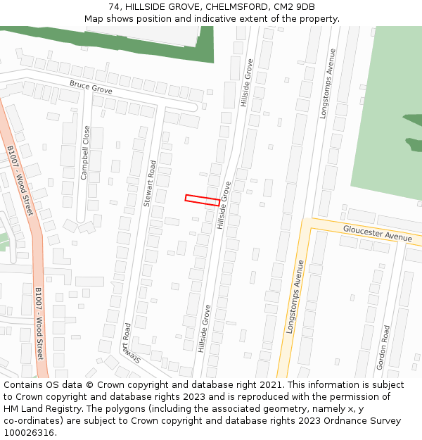 74, HILLSIDE GROVE, CHELMSFORD, CM2 9DB: Location map and indicative extent of plot