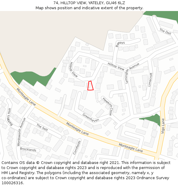74, HILLTOP VIEW, YATELEY, GU46 6LZ: Location map and indicative extent of plot