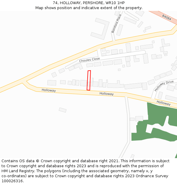 74, HOLLOWAY, PERSHORE, WR10 1HP: Location map and indicative extent of plot