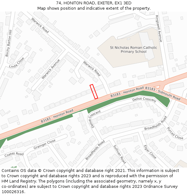74, HONITON ROAD, EXETER, EX1 3ED: Location map and indicative extent of plot