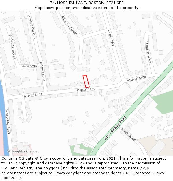 74, HOSPITAL LANE, BOSTON, PE21 9EE: Location map and indicative extent of plot