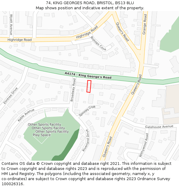 74, KING GEORGES ROAD, BRISTOL, BS13 8LU: Location map and indicative extent of plot