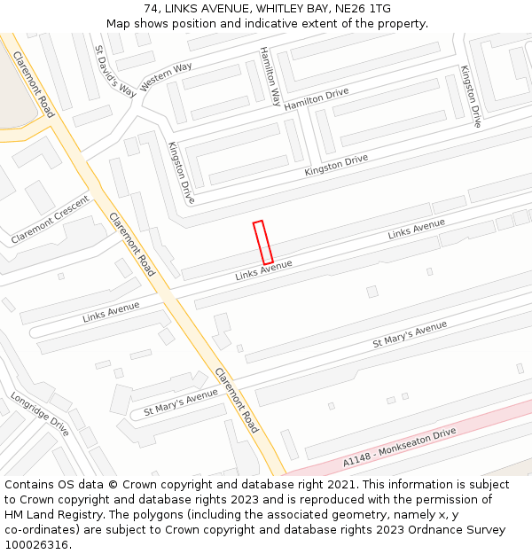 74, LINKS AVENUE, WHITLEY BAY, NE26 1TG: Location map and indicative extent of plot