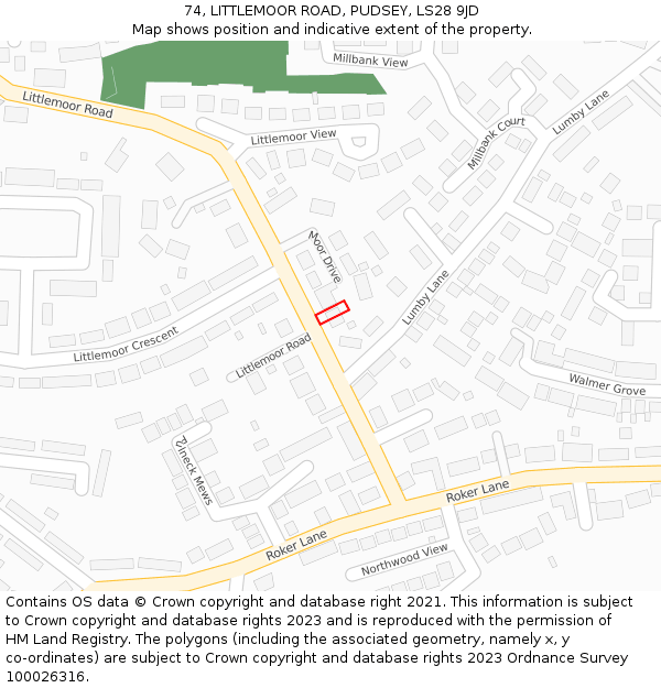 74, LITTLEMOOR ROAD, PUDSEY, LS28 9JD: Location map and indicative extent of plot
