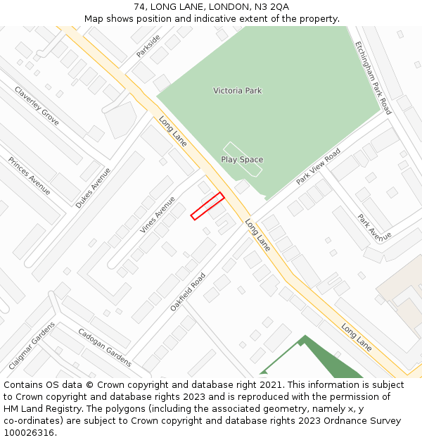 74, LONG LANE, LONDON, N3 2QA: Location map and indicative extent of plot