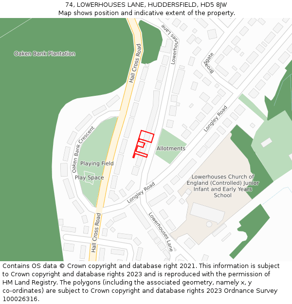 74, LOWERHOUSES LANE, HUDDERSFIELD, HD5 8JW: Location map and indicative extent of plot