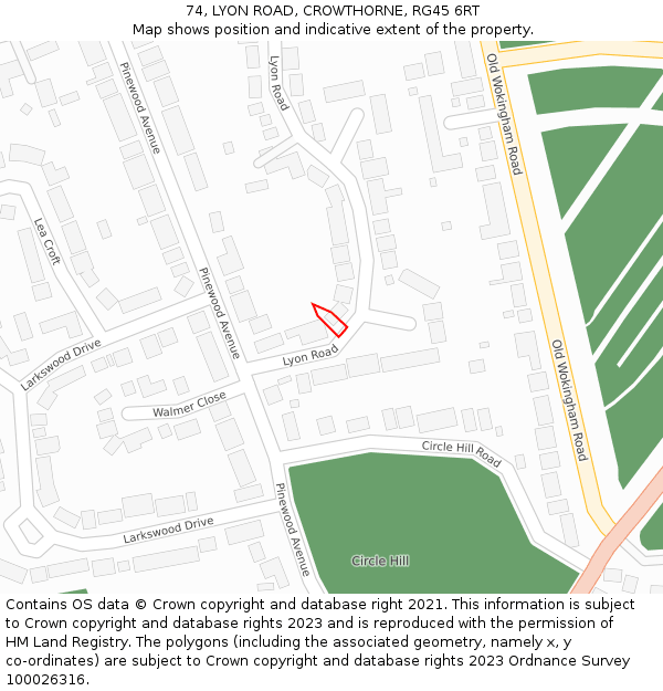 74, LYON ROAD, CROWTHORNE, RG45 6RT: Location map and indicative extent of plot