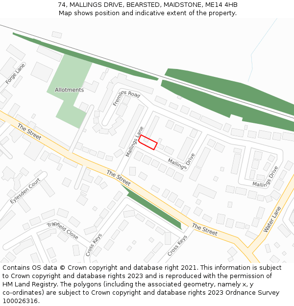 74, MALLINGS DRIVE, BEARSTED, MAIDSTONE, ME14 4HB: Location map and indicative extent of plot