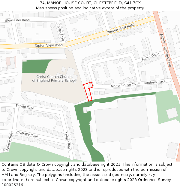 74, MANOR HOUSE COURT, CHESTERFIELD, S41 7GX: Location map and indicative extent of plot