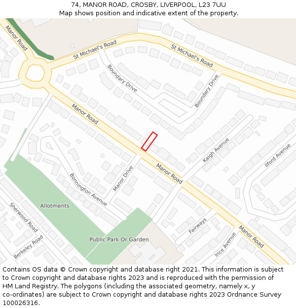 74, MANOR ROAD, CROSBY, LIVERPOOL, L23 7UU: Location map and indicative extent of plot