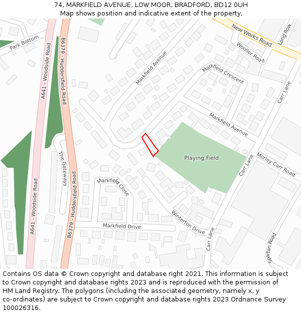 74, MARKFIELD AVENUE, LOW MOOR, BRADFORD, BD12 0UH: Location map and indicative extent of plot