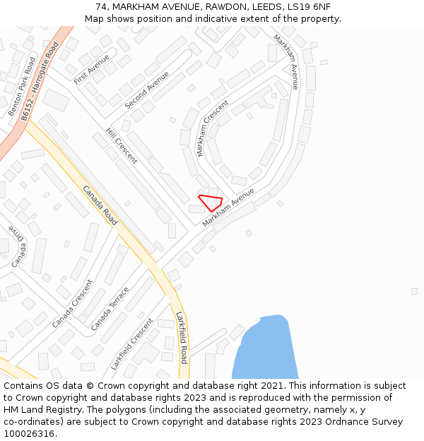 74, MARKHAM AVENUE, RAWDON, LEEDS, LS19 6NF: Location map and indicative extent of plot