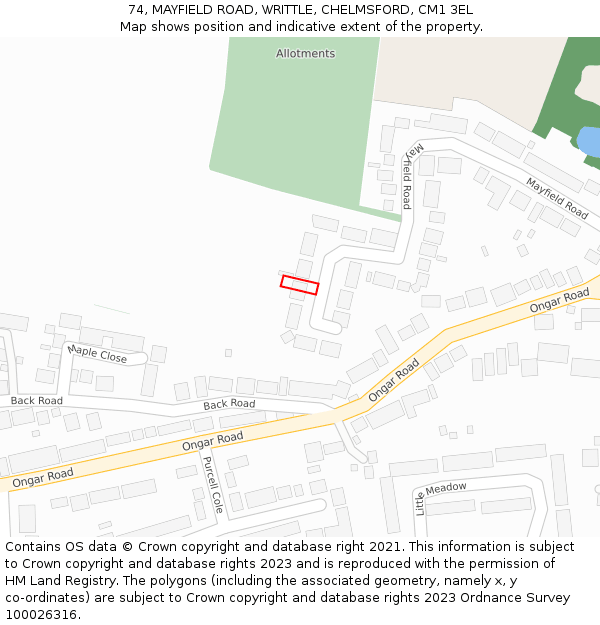 74, MAYFIELD ROAD, WRITTLE, CHELMSFORD, CM1 3EL: Location map and indicative extent of plot