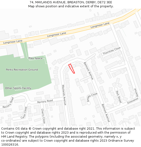 74, MAYLANDS AVENUE, BREASTON, DERBY, DE72 3EE: Location map and indicative extent of plot